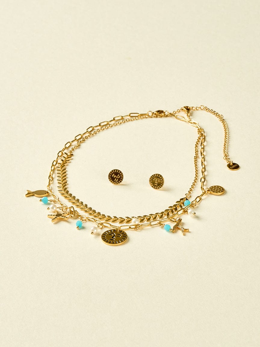 Sun Face Double Necklace with Charms & Earrings