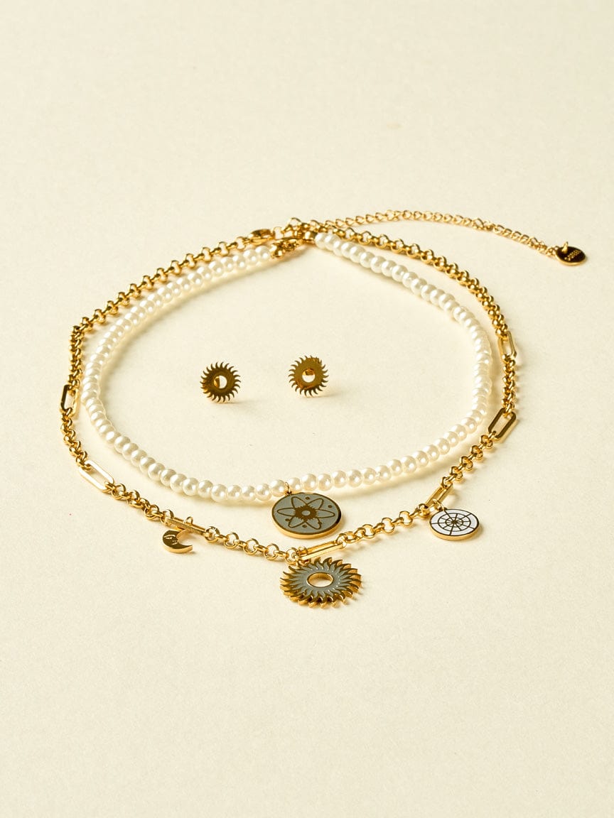 Gold Chain Pearl Double Necklace Set