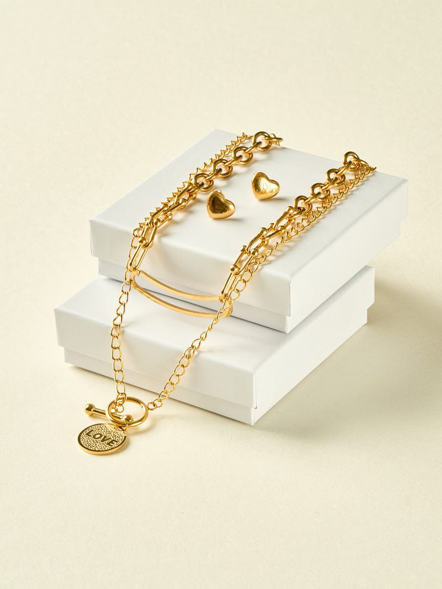 Gold Chain Double Set Necklace With Love Pendant