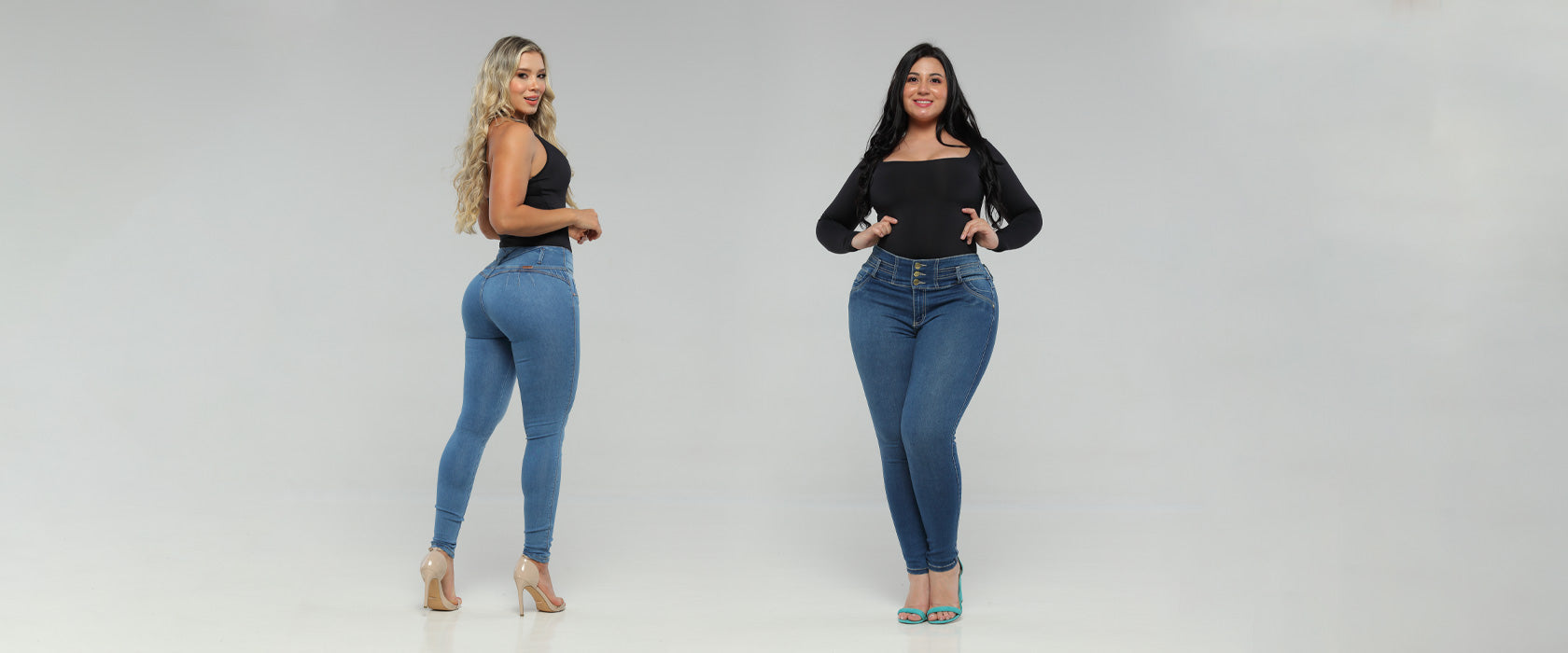 Two models wearing shapewear jeans, left jean has no backpocket on a larger background.
