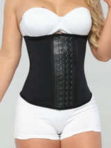 Black Colombian latex waist trainer with adjustable hook-and-eye closure and high compression, front view