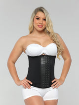 Black Colombian latex waist trainer with adjustable hook-and-eye closure and high compression, front view