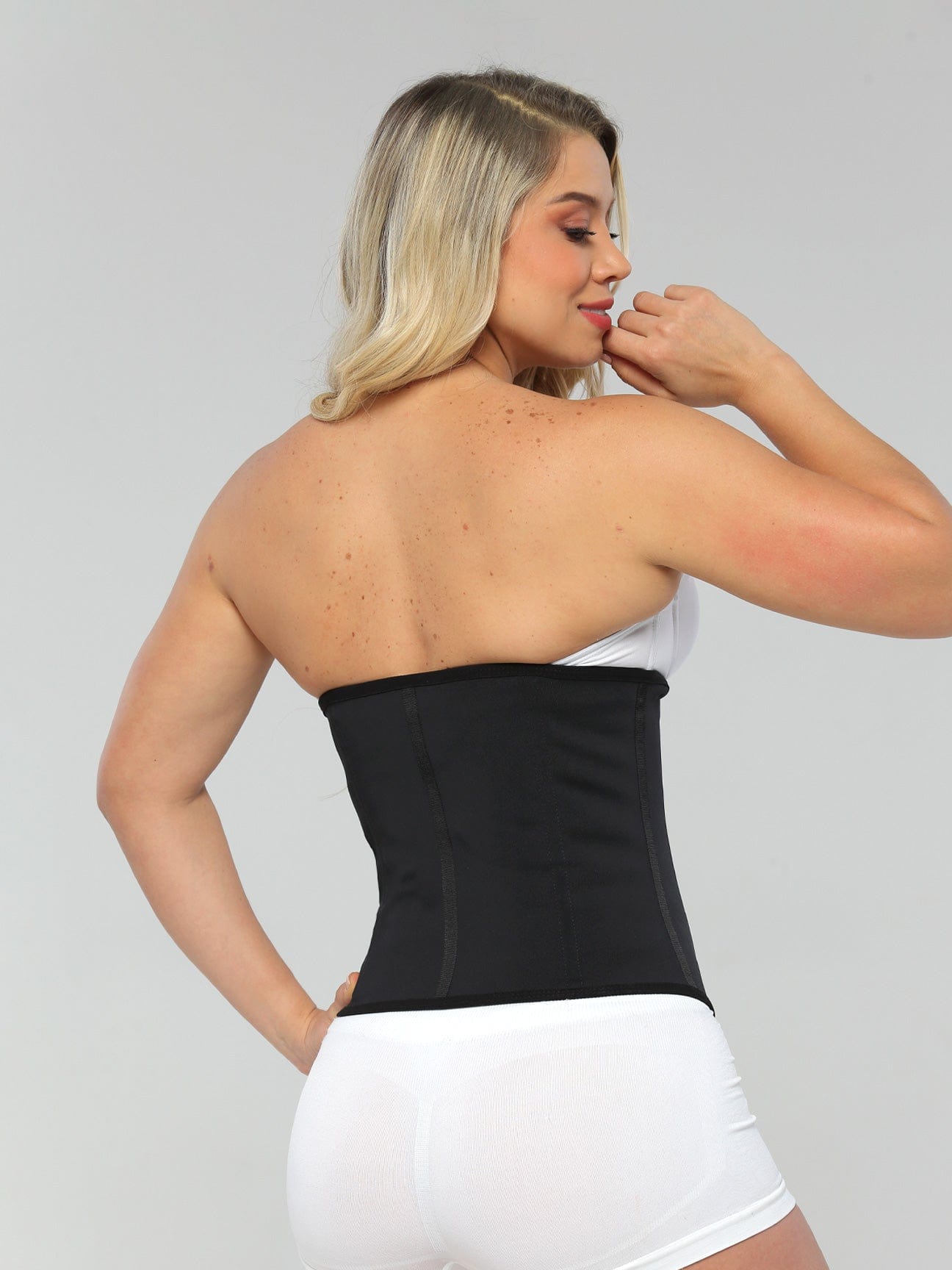 Full back view of Black Sports Latex Covered Workout Waist Trainer.