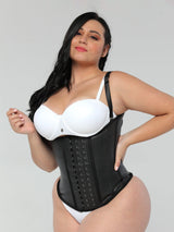 Black Colombian latex waist trainer with adjustable hook-and-eye closure and high compression, front view