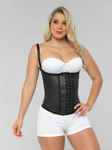 Black Colombian latex waist trainer with adjustable hook-and-eye closure and high compression, front view