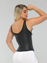 Black Colombian latex waist trainer with high compression, back view