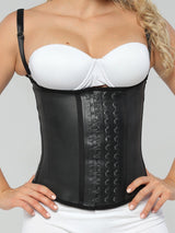 Black Colombian latex waist trainer with adjustable hook-and-eye closure and high compression, front view