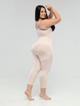 Beige Colombian seamless full body shapewear with butt-lifting panels and anti-back bulge panels, back view