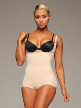 Beige Colombian invisible faja bodysuit with smoothing fabric and adjustable straps, front view