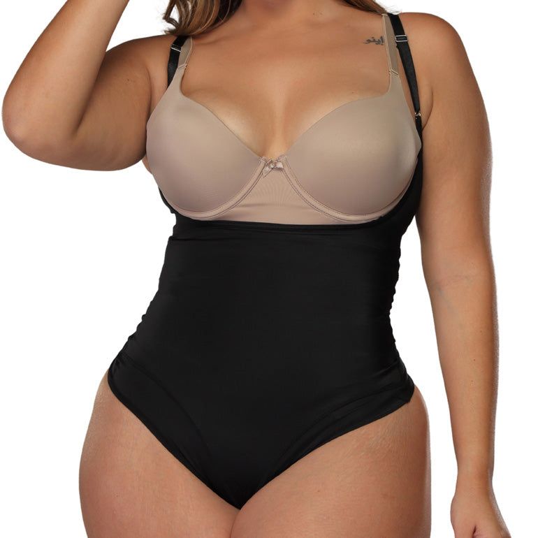 Plus size model wearing the invisible body suit shaper without front zippers.