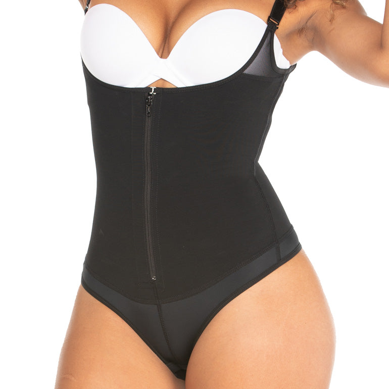 Waist view of the invisible black body suit shaper with thong.