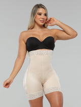 Beige Colombian strapless faja shapewear bodysuit with high-waist compression and smooth mid-thigh support, front view