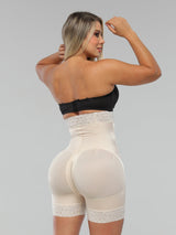 Beige Colombian strapless faja shapewear bodysuit with butt-lifting panels and medium waist compression, back view