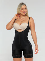 Black Colombian faja shapewear with zipper and light compression, front view