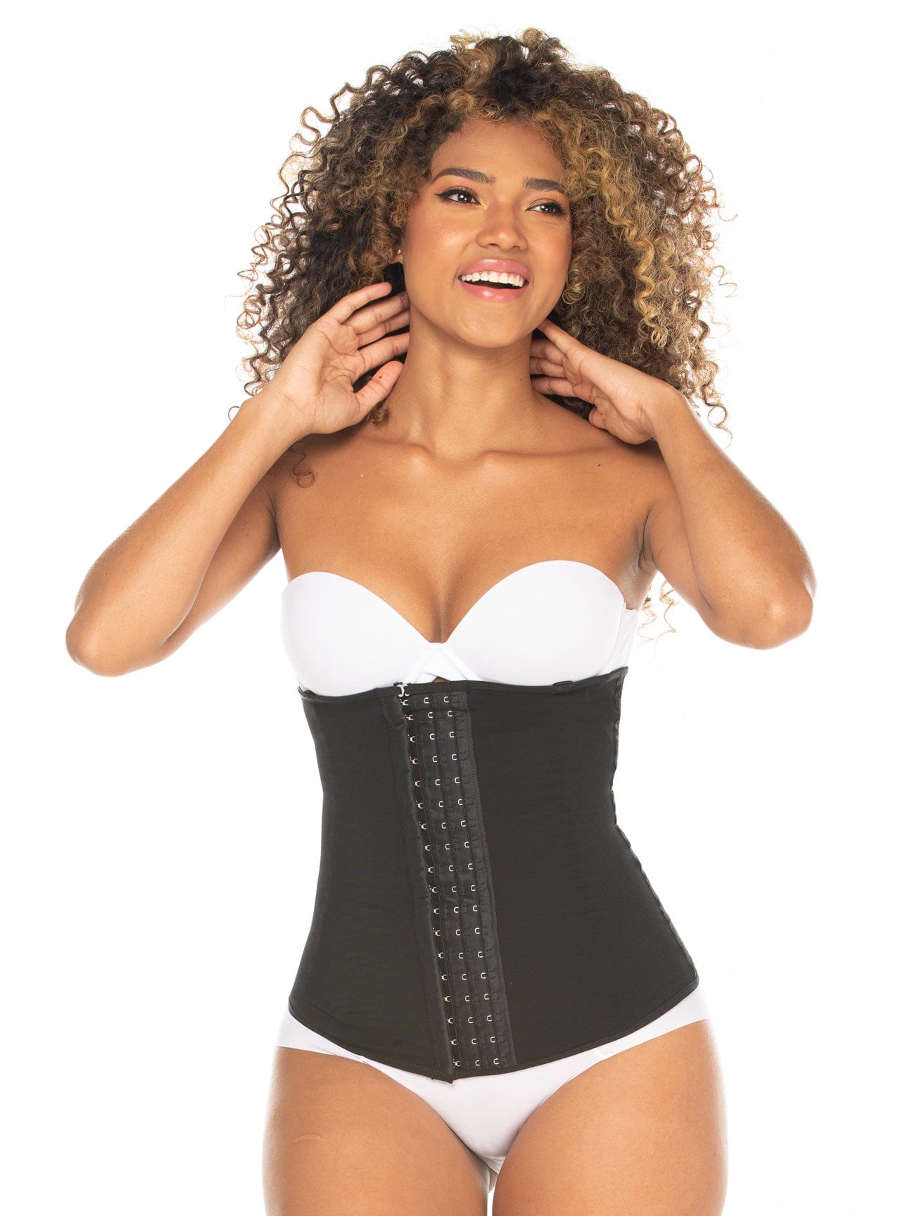 Black Colombian faja waist trainer with adjustable hook-and-eye closure and high compression, front view