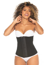 Black Colombian faja waist trainer with adjustable hook-and-eye closure and high compression, front view