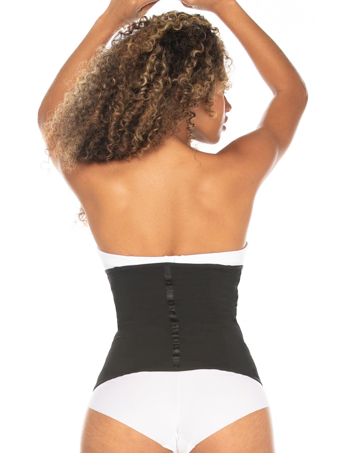 Black Colombian faja waist trainer with boning for high compression, back view