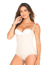 Beige Colombian shapewear bodysuit with zipper and high compression, front view
