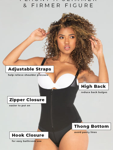Front view of high compression thong bodysuit faja with functionalities and features.