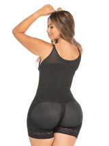 Black Colombian faja bodysuit with butt-lifting panels and anti-back bulge panels, back view