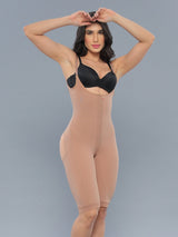 Nude Colombian faja bodysuit with zipper and full thigh support, front view