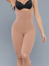 Mocha Colombian shapewear bodysuit with zipper and full thigh support, front view