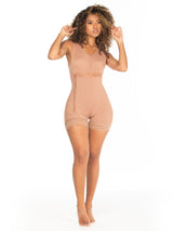 Mocha Colombian faja shapewear bodysuit with built-in bra and zipper closure, front view