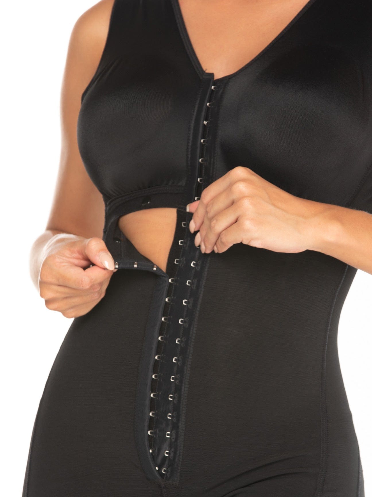 Black Colombian faja shapewear bodysuit with built-in bra and adjustable hook-and-eye closure, front view