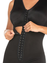 Black Colombian faja shapewear bodysuit with built-in bra and adjustable hook-and-eye closure, front view