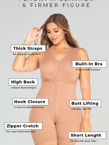 Front view of Sculpting Full Body Shaper with Bra and Hooks functionalities and features.