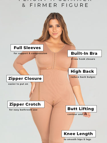 Front view of high compression full body faja with functionalities and features.