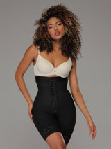 Black Colombian high-waisted strapless faja with adjustable hook-and-eye closure, front view