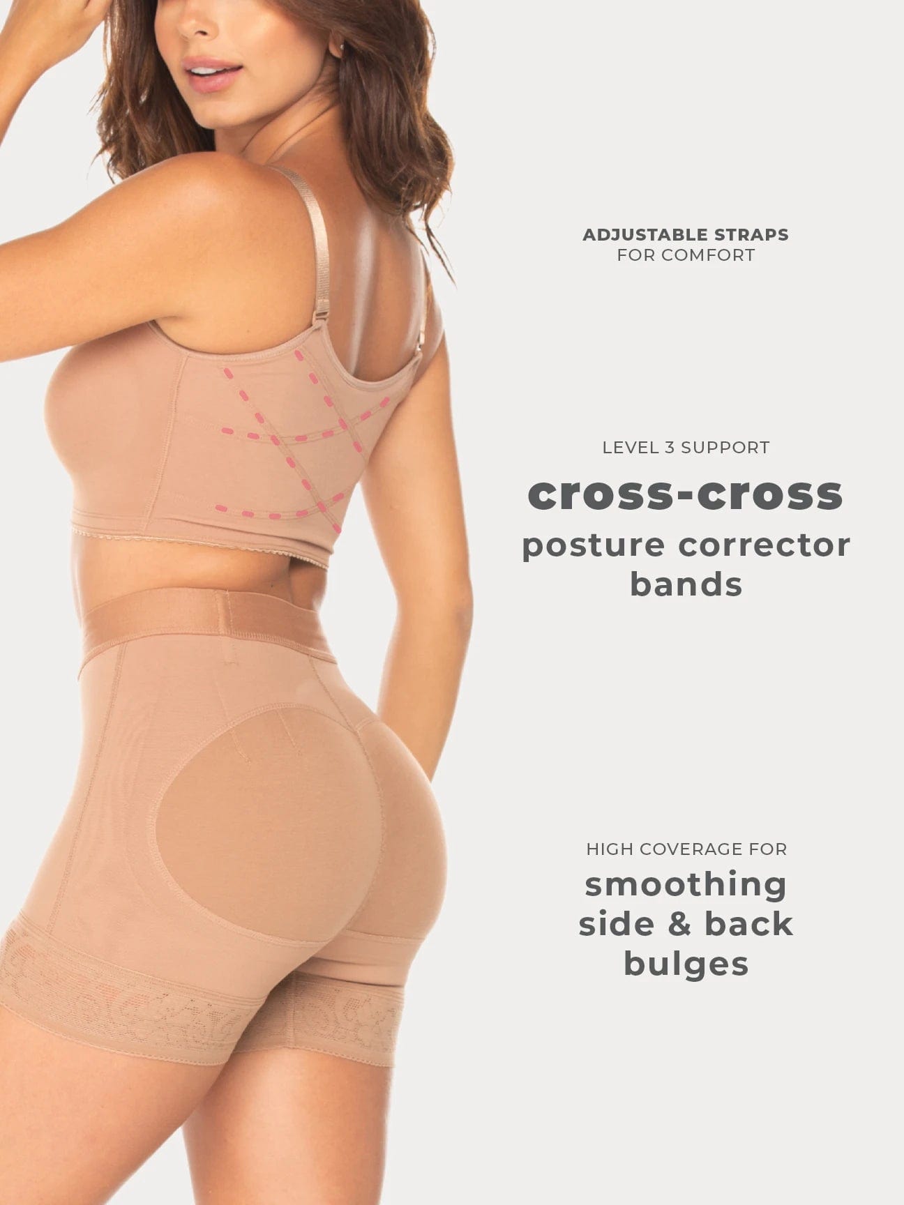 Mocha Colombian compression bra with anti-back bulge panels and adjustable straps, back view