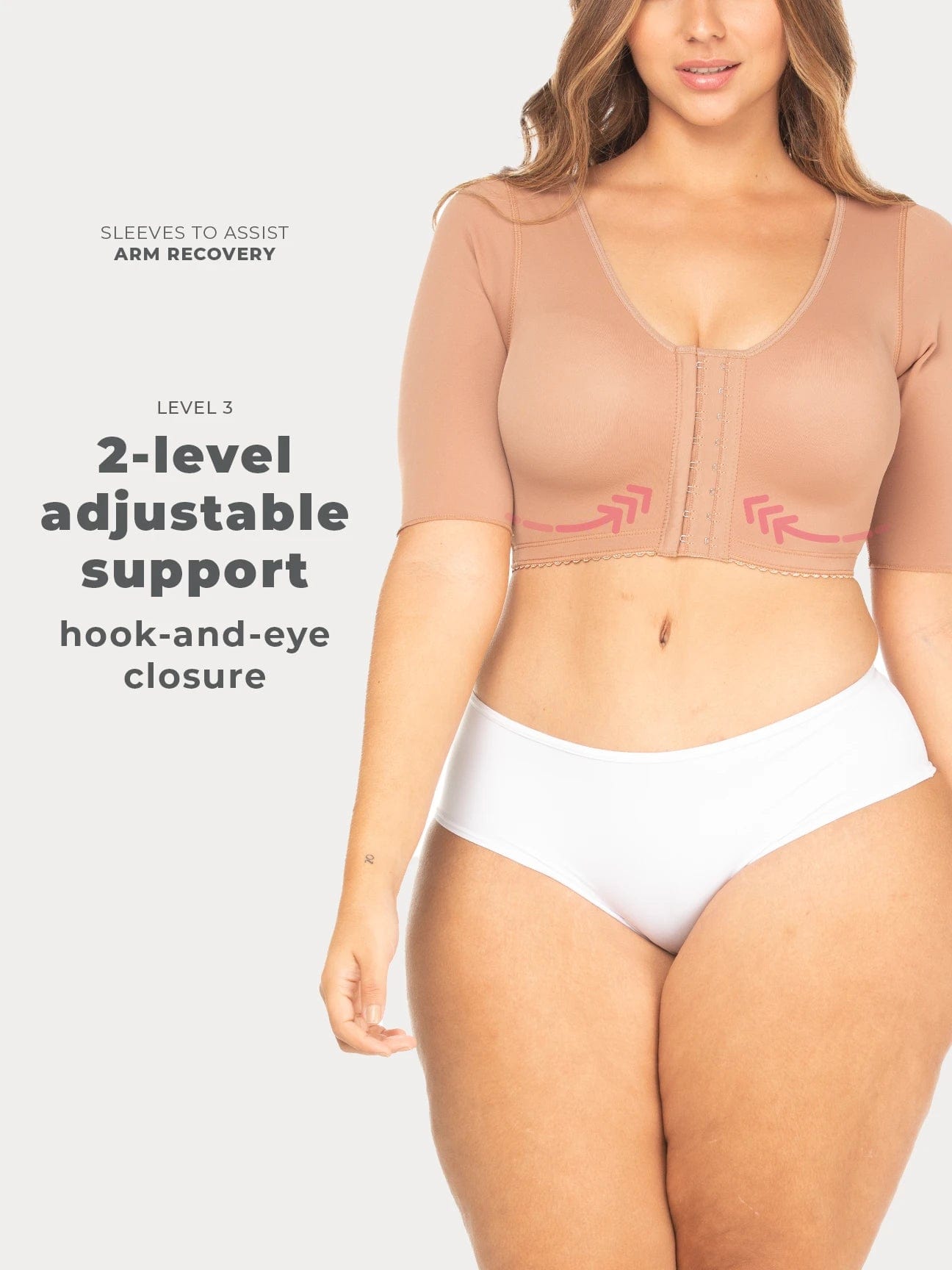 Mocha Colombian compression bra with hook-and-eye closure and sleeves for arm compression, front view