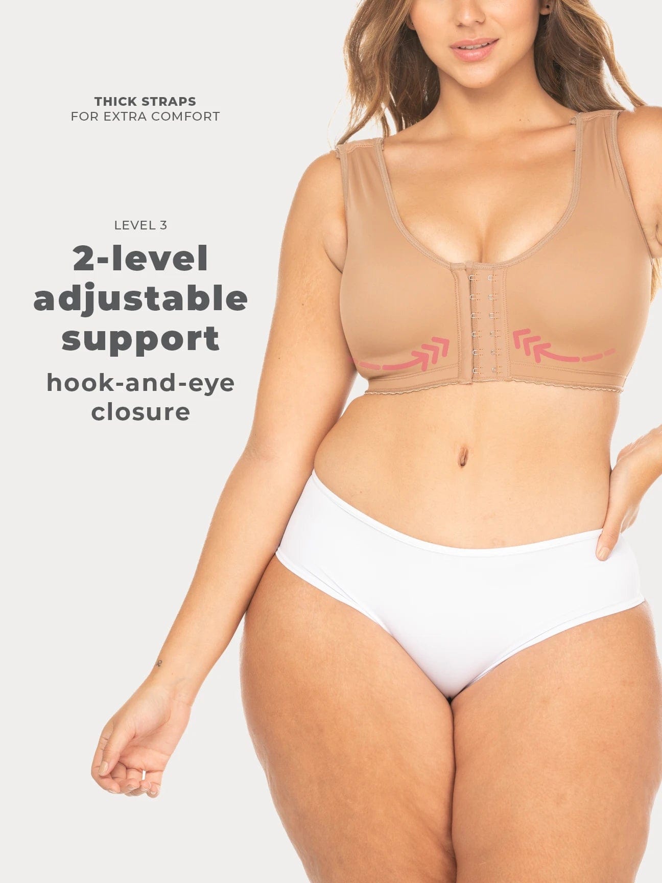 Mocha Colombian compression bra with hook-and-eye closure and adjustable straps, front view
