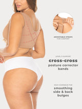 Mocha Colombian compression bra with anti-back bulge panels and adjustable straps, back view