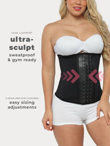 Black Colombian latex waist trainer with adjustable hook-and-eye closure and high compression, front view