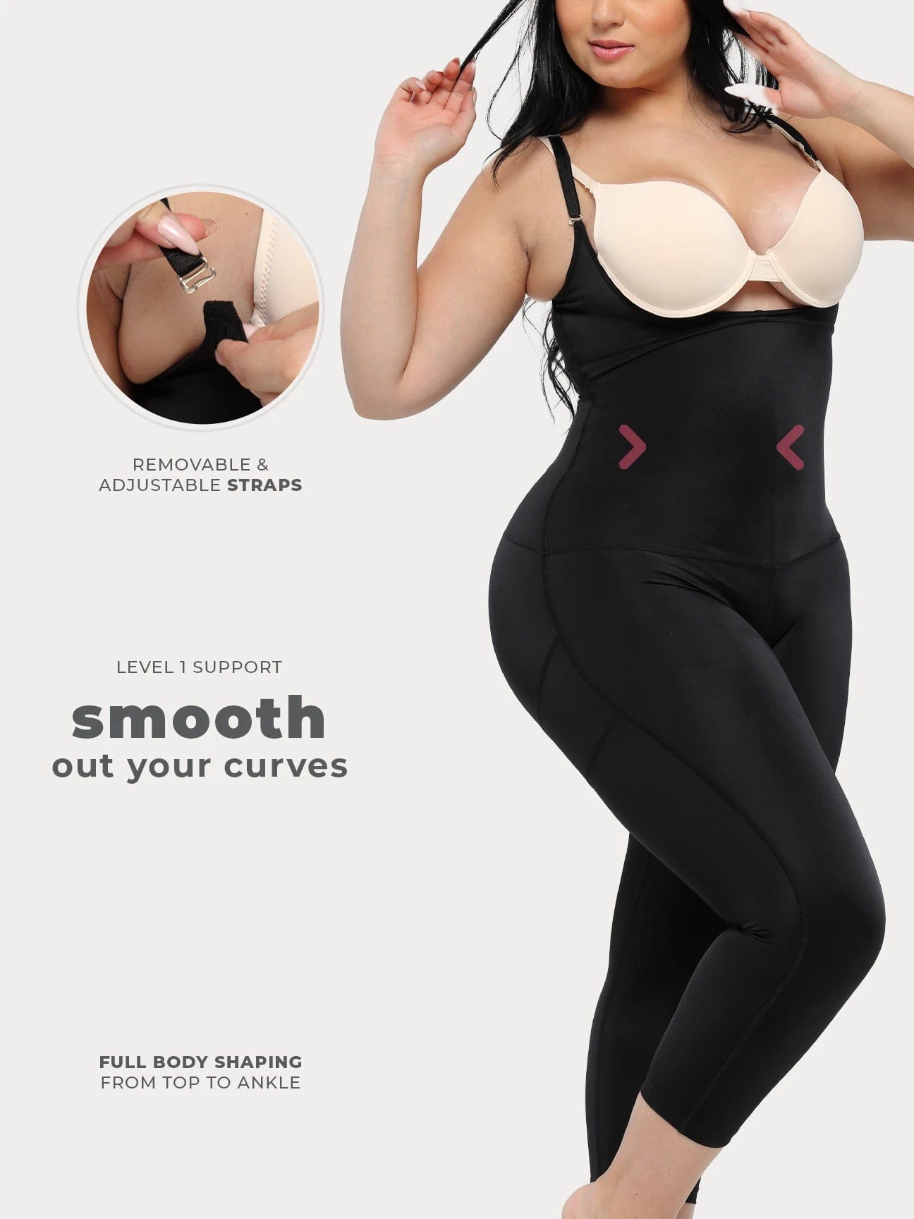 Black Colombian seamless full body shapewear with light compression, front view