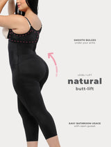 Black Colombian seamless full body shapewear with butt-lifting panels and anti-back bulge panels, back view