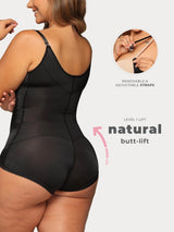 Black Colombian invisible faja bodysuit with adjustable straps and anti-back bulge panels, back view
