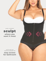 Black Colombian shapewear bodysuit with zipper and high compression, front view