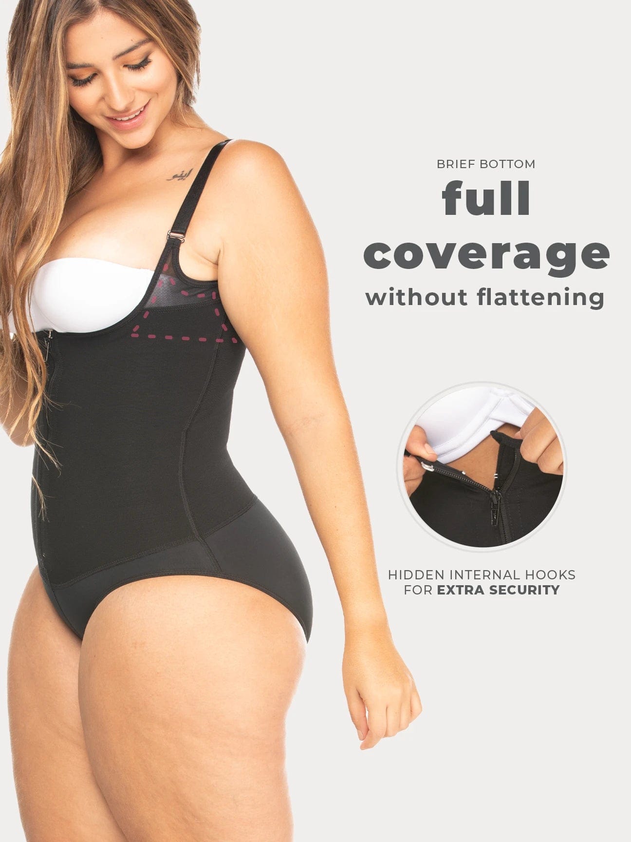 Black Colombian shapewear bodysuit with zipper and high compression, side view