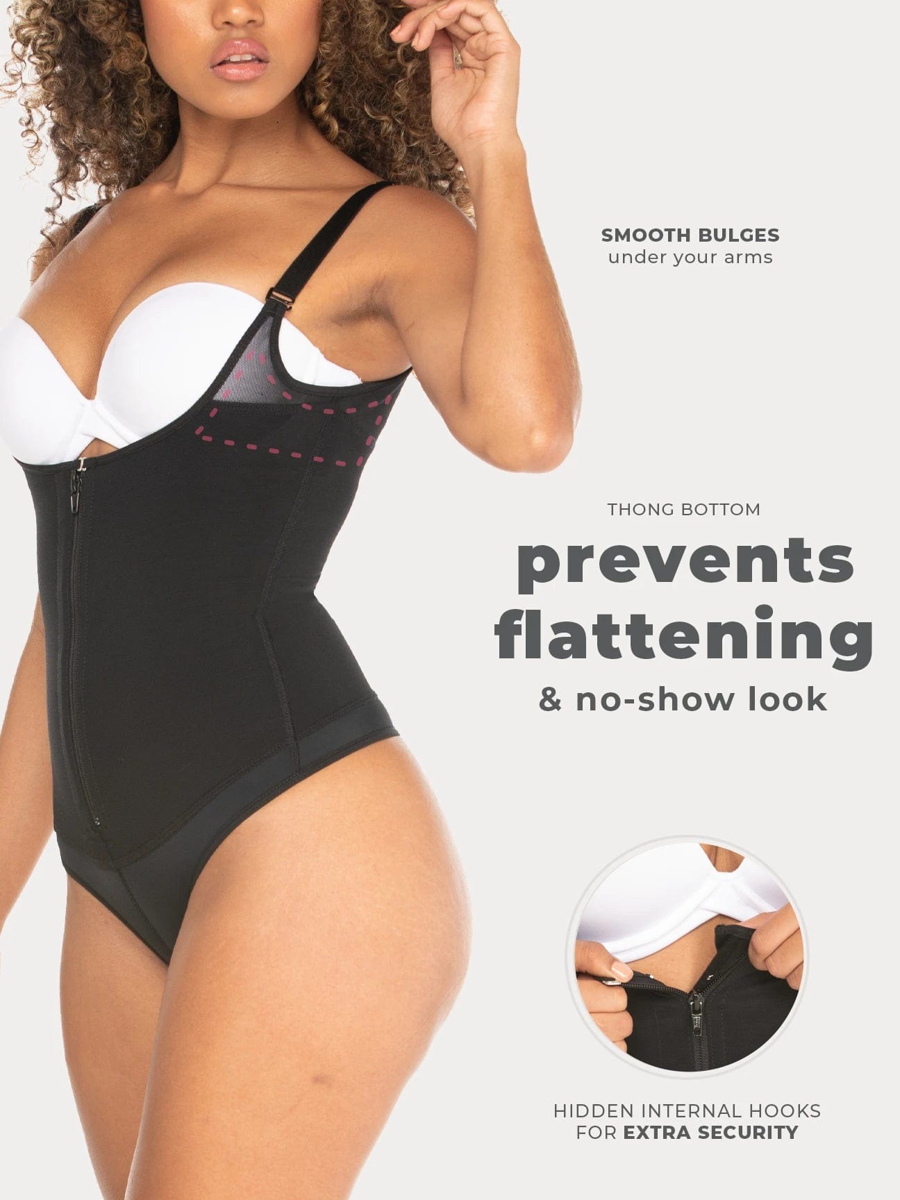 Black Colombian shapewear bodysuit with zipper and thong, side view