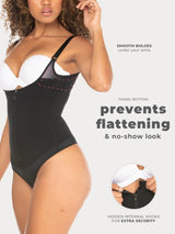 Black Colombian shapewear bodysuit with zipper and thong, side view
