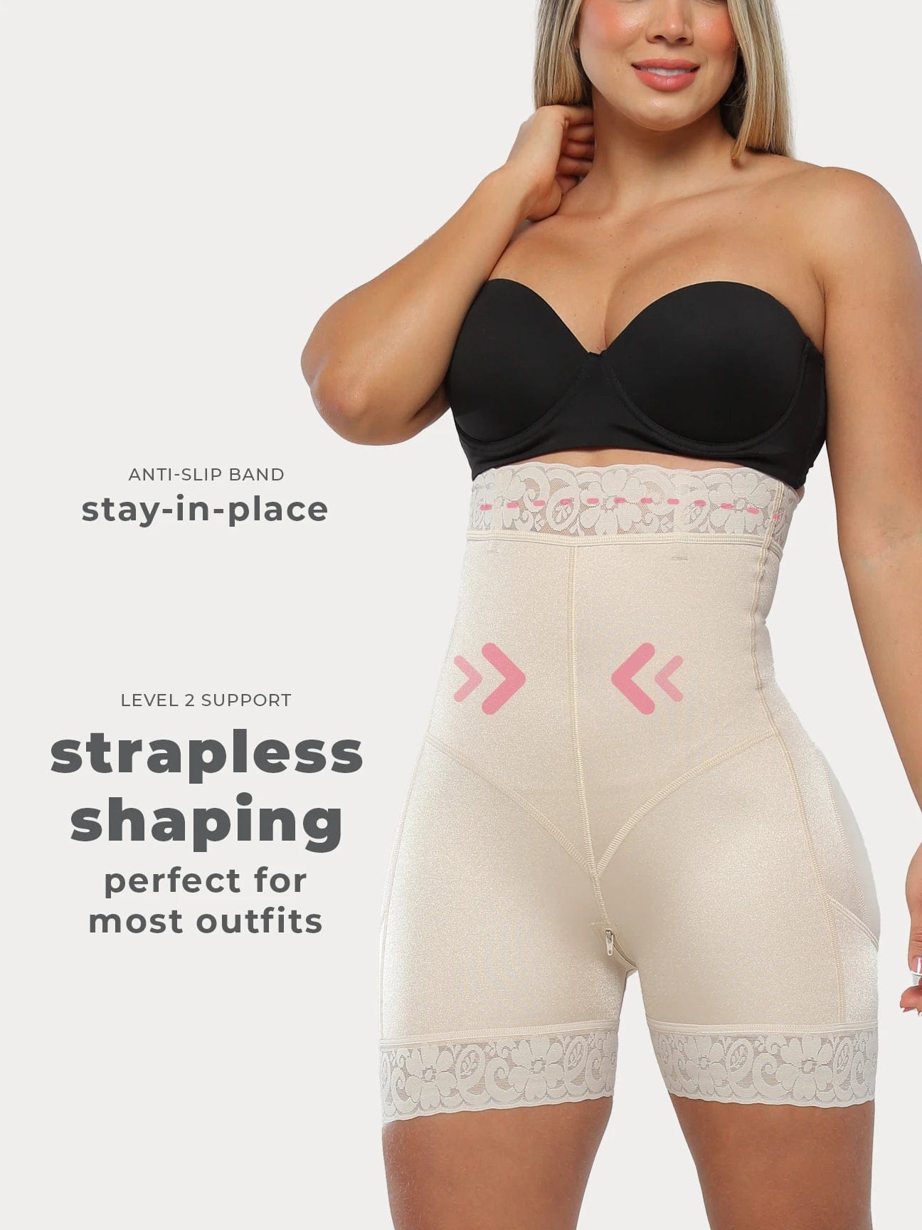 Beige Colombian strapless faja shapewear with high-waist compression and smooth mid-thigh support, front view