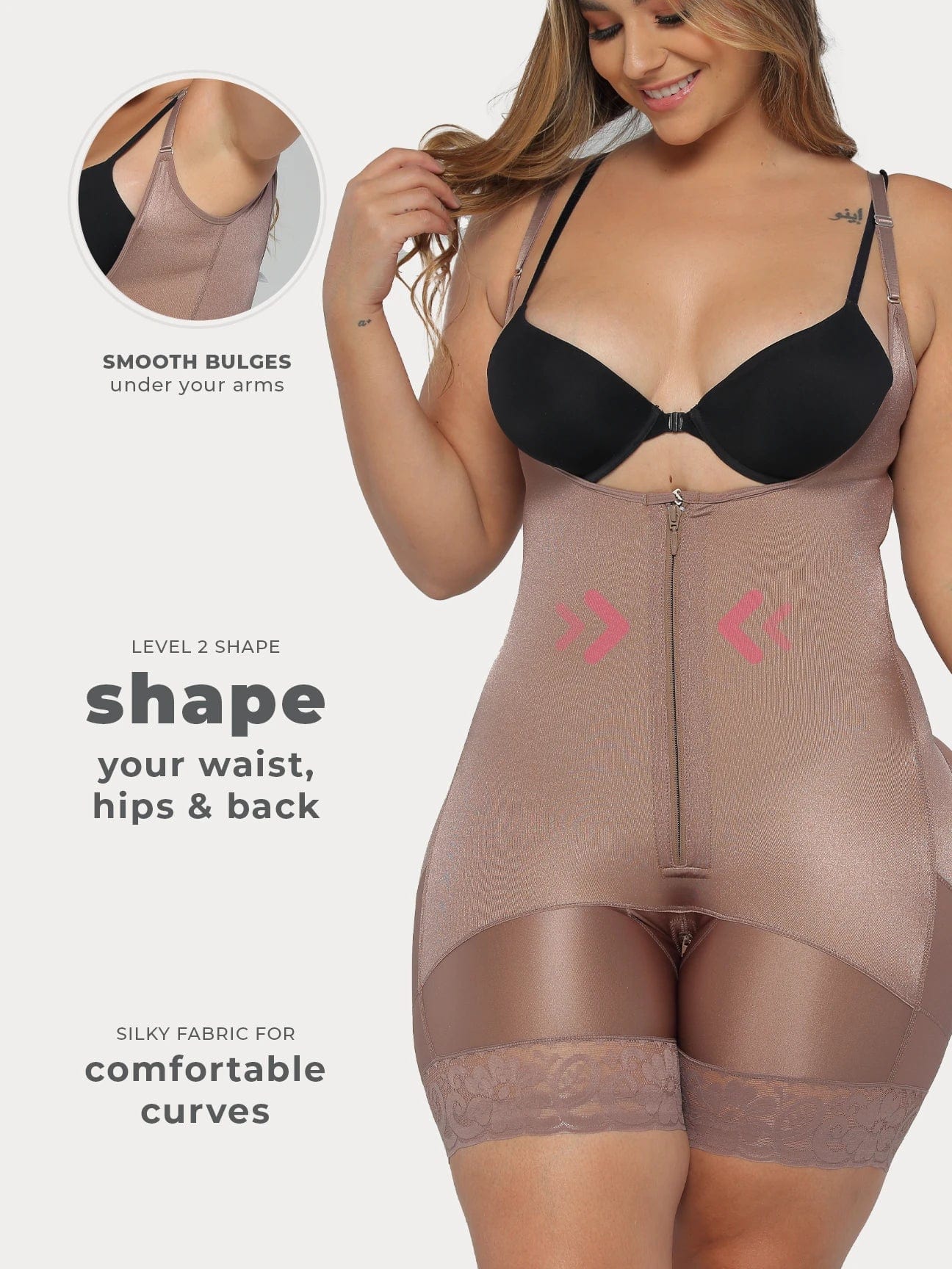 Cocoa Colombian faja shapewear with zipper and light compression, front view