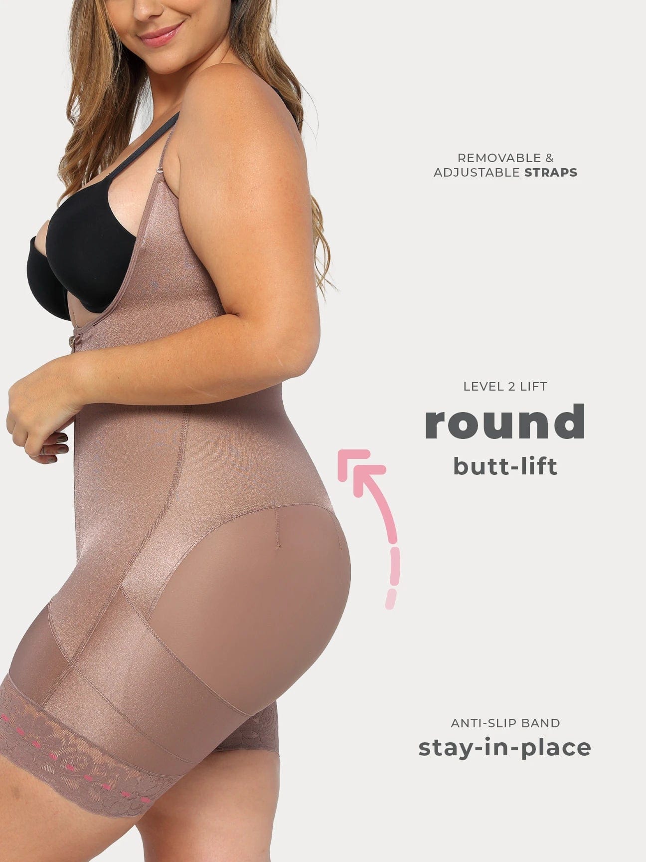Cocoa Colombian faja shapewear with butt-lifting panels and light compression, side view