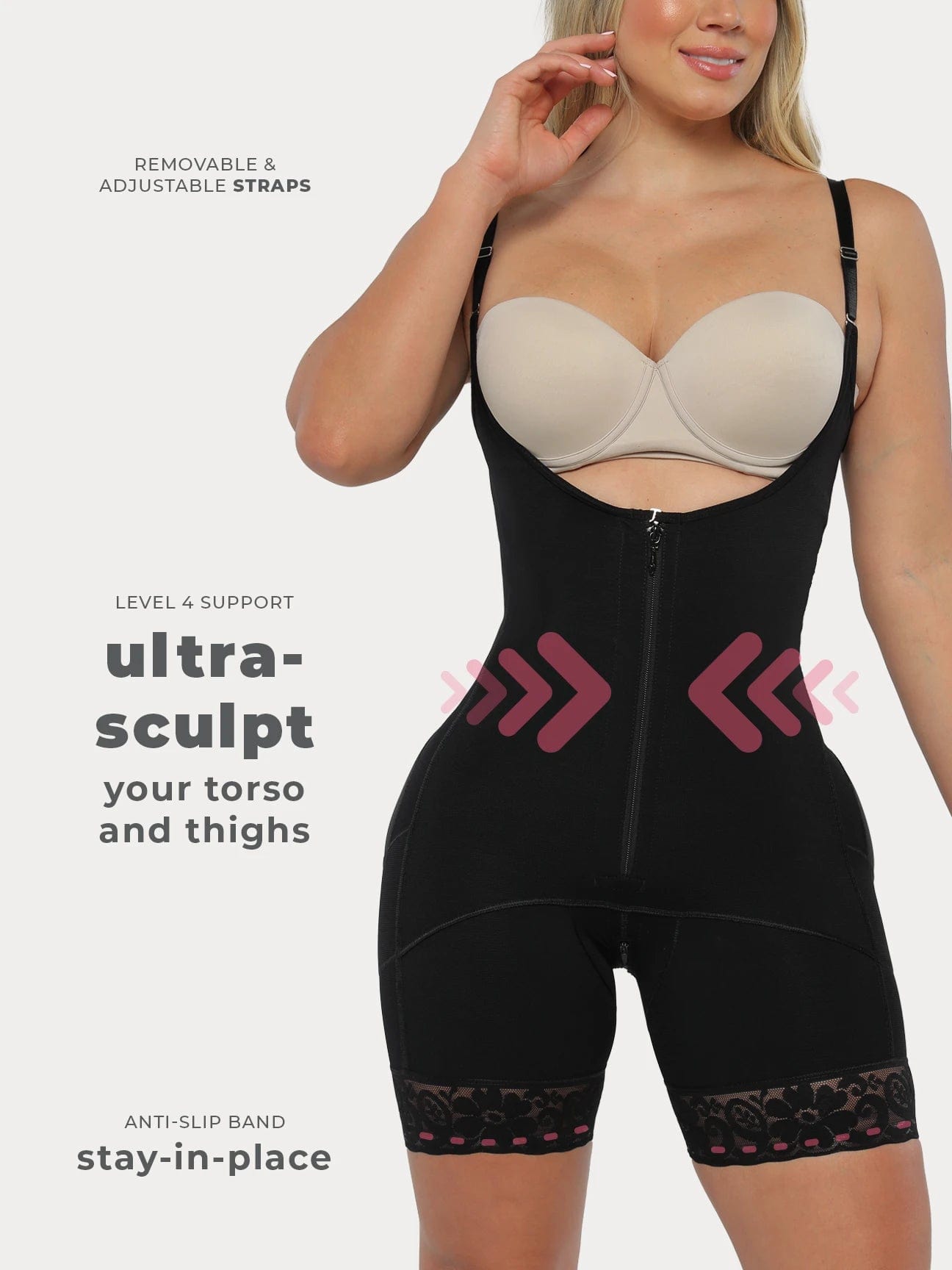 Black Colombian faja shapewear with zipper and high compression, front view