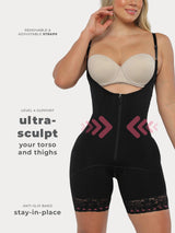 Black Colombian faja shapewear with zipper and high compression, front view