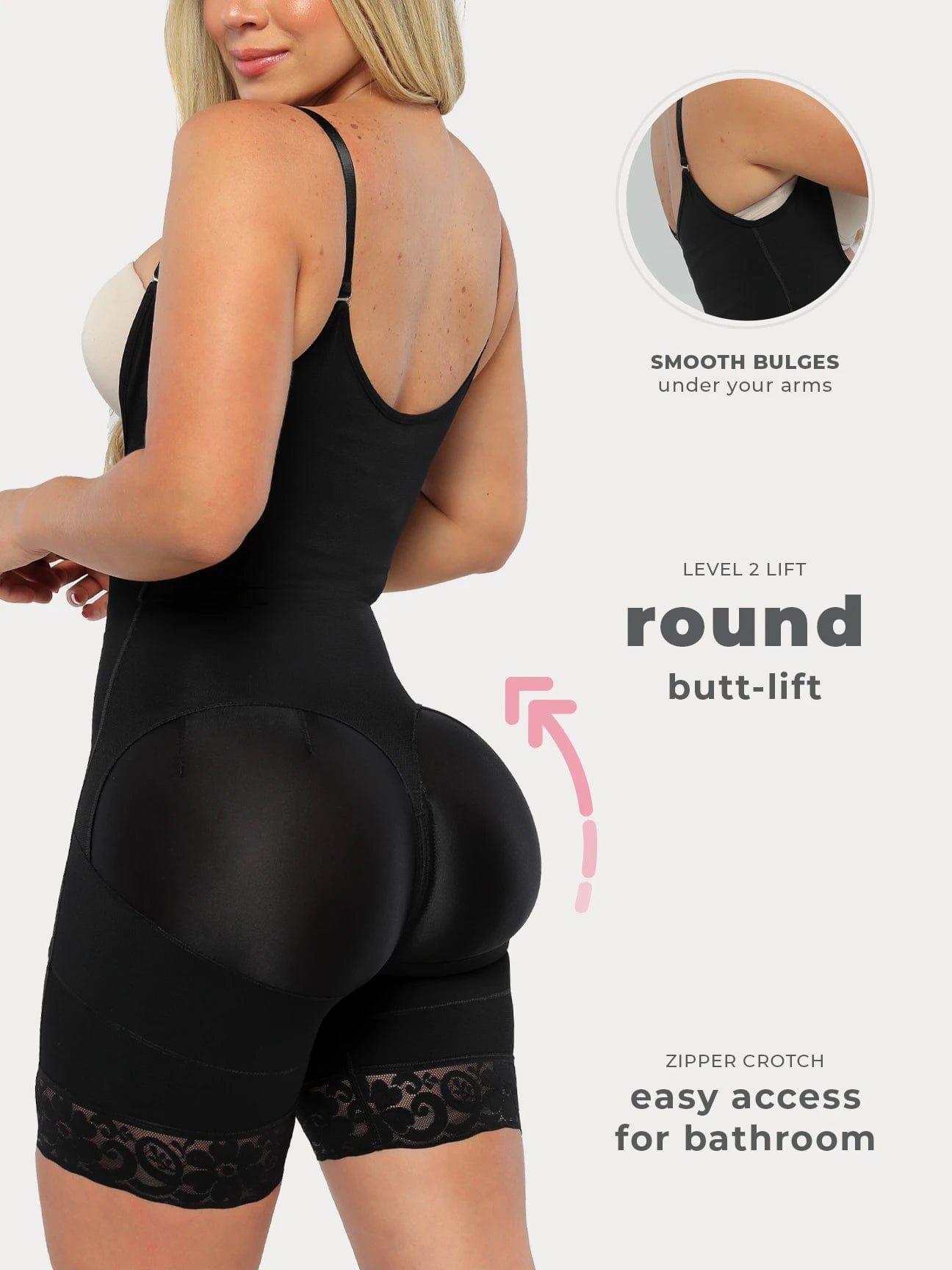 Black Colombian faja shapewear with  butt-lifting panels and anti-back bulge panels, back view